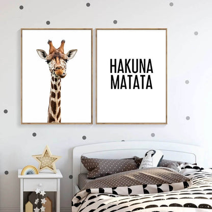 Hakuna Matata Quotes Giraffe Minimalist Canvas Prints | Inspirational Animal Poster For Modern Loft Bedroom Kids Room Décor