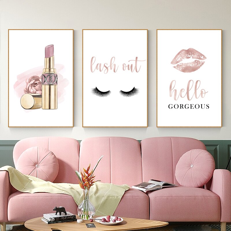 Pink Lipstick Handbag Fashion Canvas Prints | Hello Gorgeous Quote Poster For Girl's Bedroom Living Room Wall Decor