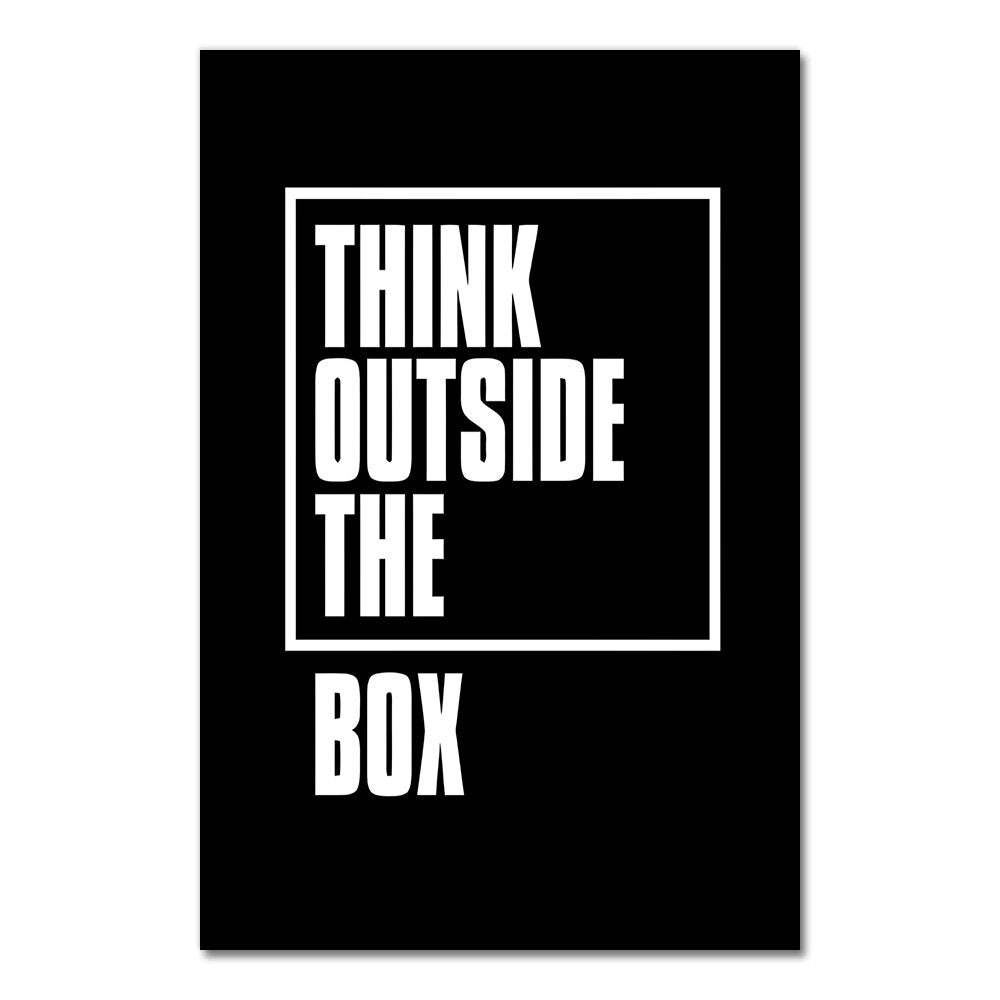 Think Outside the Box Inspirational Canvas Print | Black White Minimalist Motivational Productivity Quotation Wall Art For Home Office Wall Decor