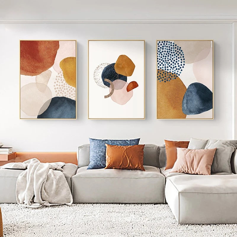 Modern Abstract Watercolor Orange Blue Beige Canvas Prints | Wall Art For Living Room Dining Room Scandinavian Home Decor