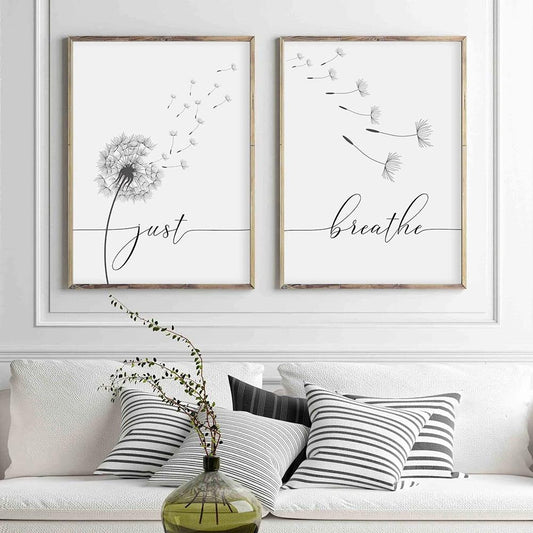 Inspirational Dandelion Meditation Canvas Print | Minimalist Black White Wall Art Living Room Bedroom Yoga Studio Wall Decor