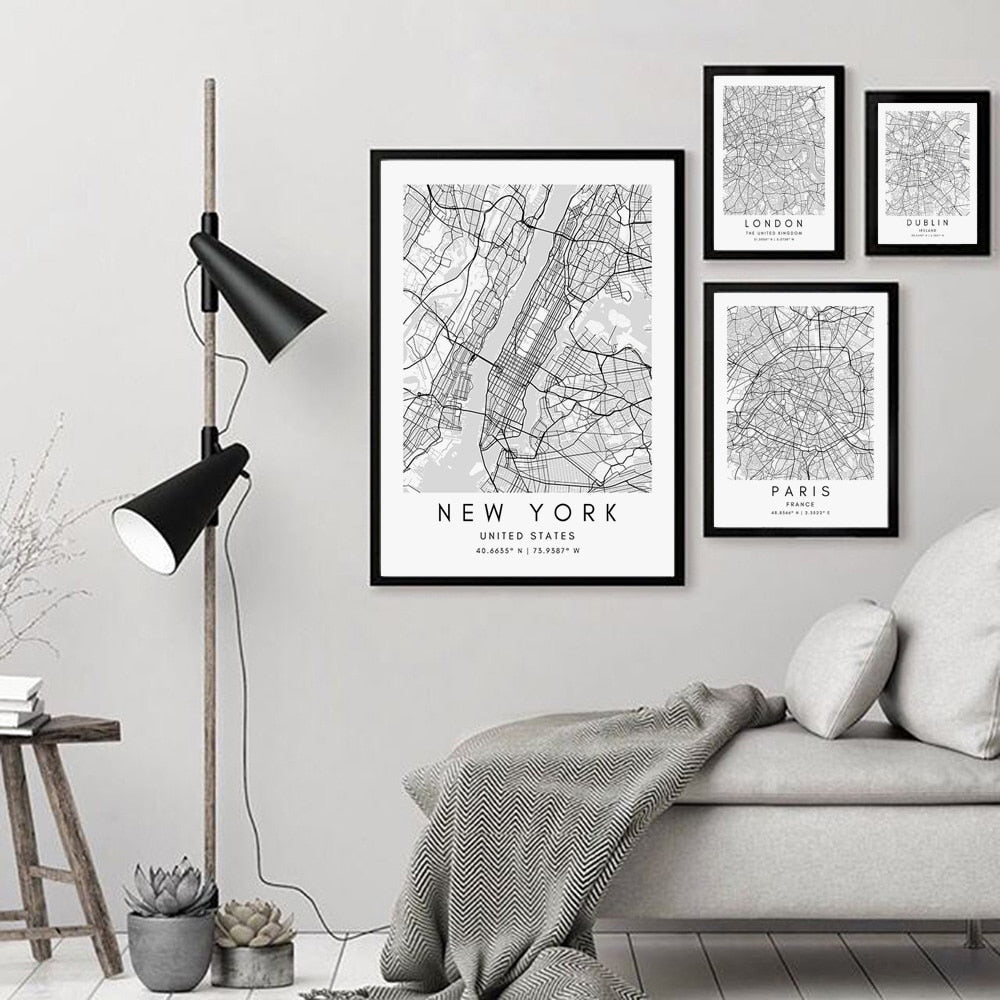 London Paris New York City Map Canvas Print Minimalist Black White Nordic Style Home Office Interior Decor