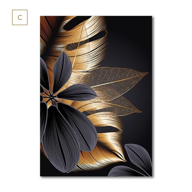 Luxury Black Golden Leaf Canvas Prints | Modern Abstract Tropical Botanical Upscale Pictures For Living Room Loft Apartment Home Office Decor