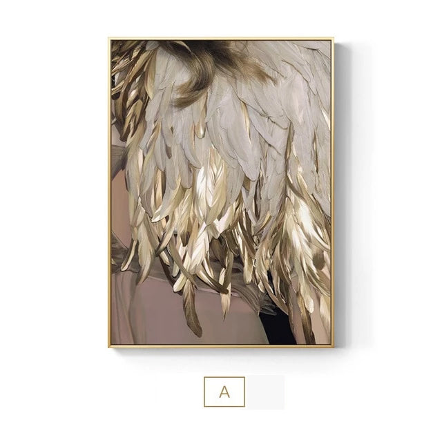 Luxury Golden Wing Feathers Shimmering Wave Canvas Prints | Nordic Wall Art Living Room Bedroom Glam Home Décor