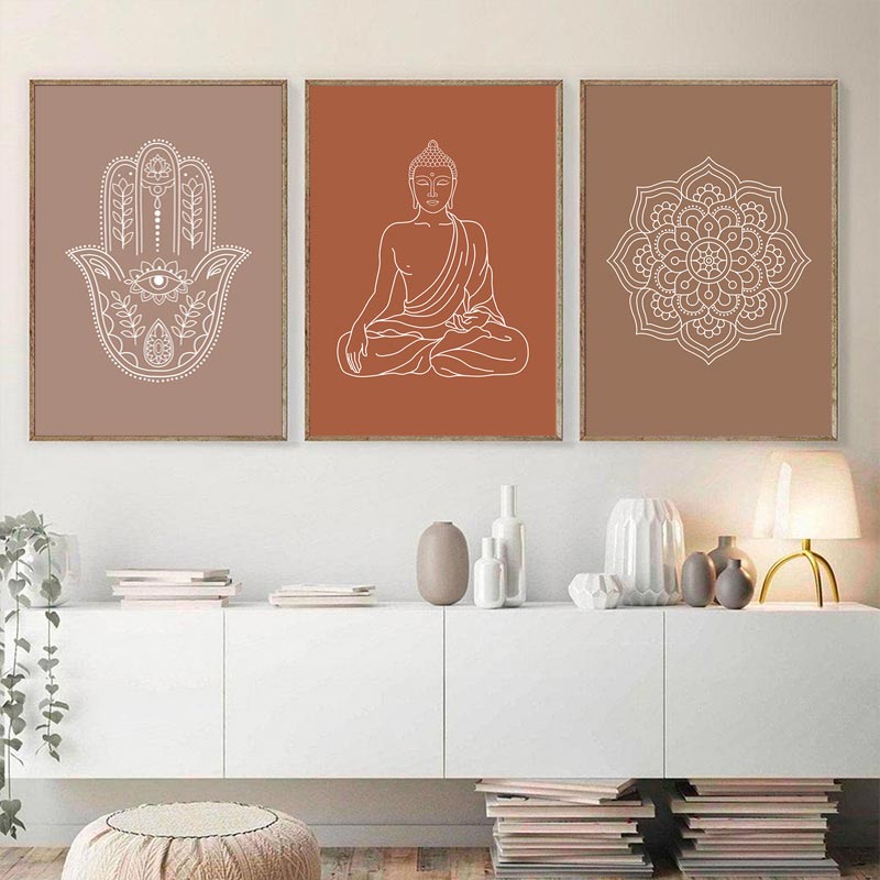 Mandala Buddha Lotus Neutral Colors Canvas Prints | Nordic Minimalist Wall Art Boho Poster For Living Room Bedroom Modern Home Décor