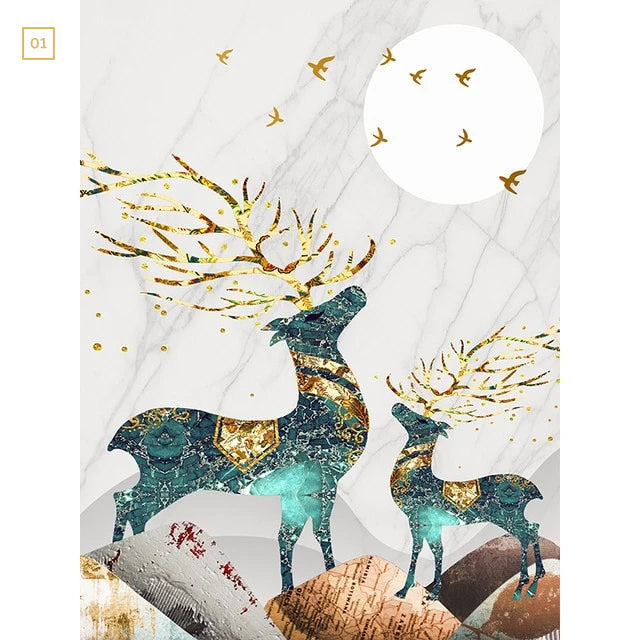 Magical Nordic Moonlight Deer Landscape Canvas Prints | Modern Abstract Nature Wall Art for Living Room Home Interior Decor