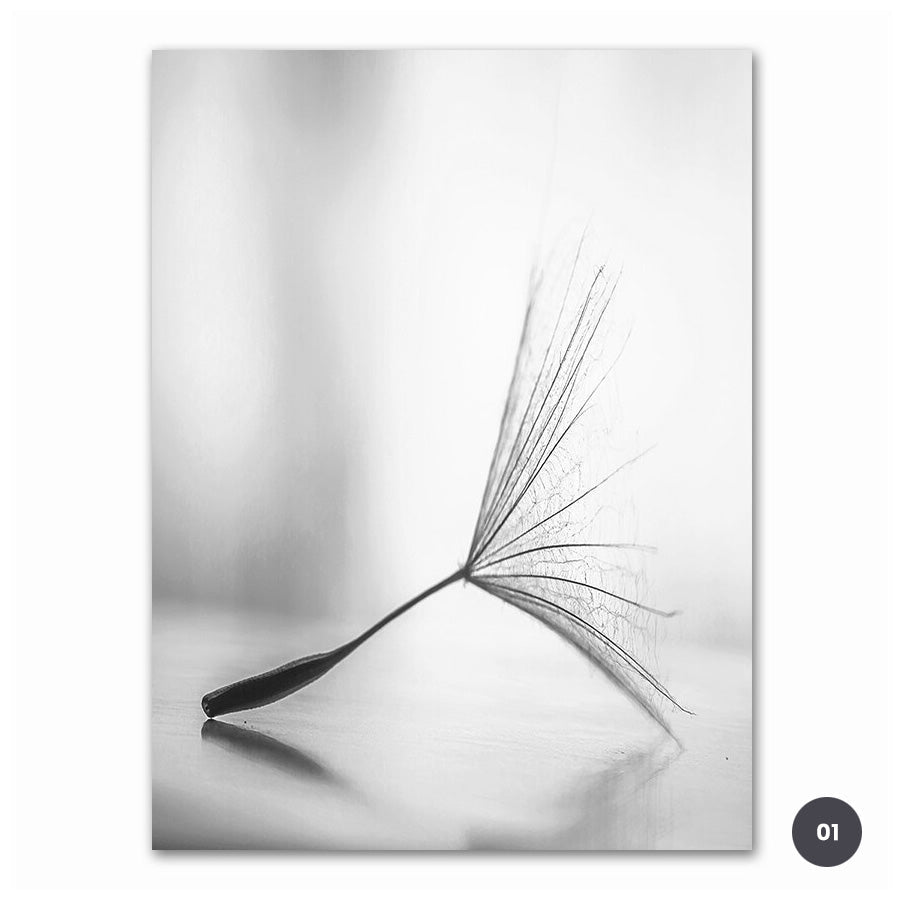 Modern Minimalist Black & White Dandelion Canvas Print | Flower Wall Art For Living Room Dining Room Scandinavian Home Office Art Decor