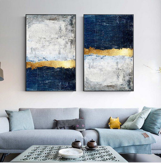 Modern Vintage Abstract Golden Blue Gray Block Canvas Prints | Luxury Home Office Large Wall Art Décor
