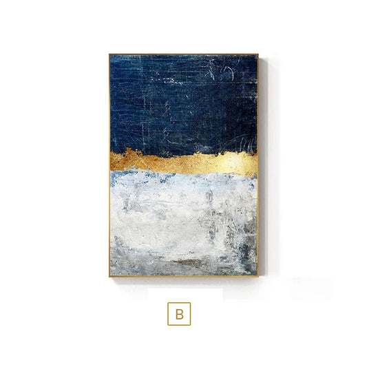 Modern Vintage Abstract Golden Blue Gray Block Canvas Prints | Luxury Home Office Large Wall Art Décor