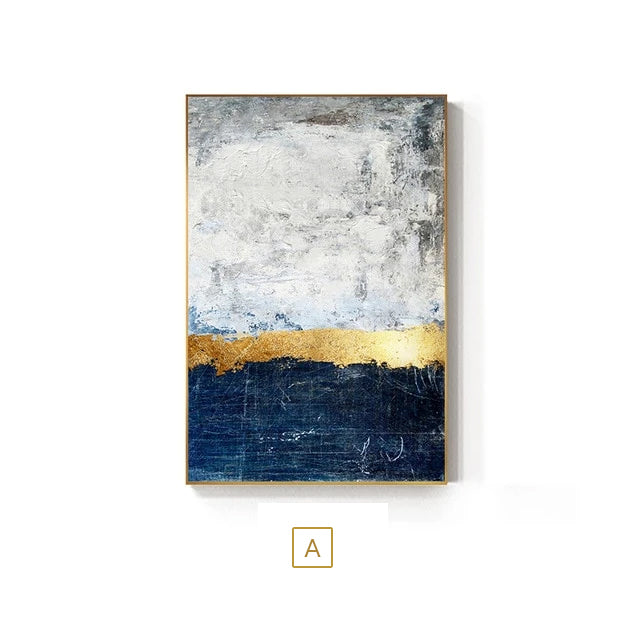 Modern Vintage Abstract Golden Blue Gray Block Canvas Prints | Luxury Home Office Wall Art Décor