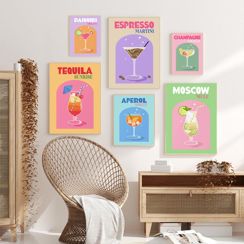 Vintage Colorful Cocktail Canvas Prints | Minimalist Nordic Tequila Aperol Drinks Poster For Dining Room Café Décor