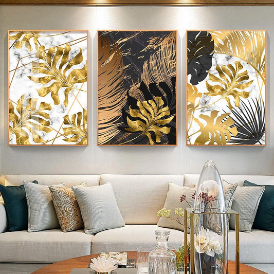 Tropical Gold Leaves Abstract Canvas Prints Large Wall Art For Modern Office Or Apartment Living Room Décor