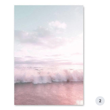 Ocean Landscape Pink Campervan Travel Getaway Canvas Prints | Beach Life Wall Art For Modern Living Room Bedroom Décor