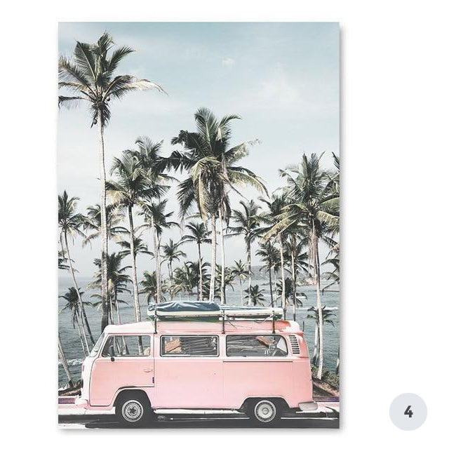 Ocean Landscape Pink Campervan Travel Getaway Canvas Prints | Beach Life Wall Art For Modern Living Room Bedroom Décor