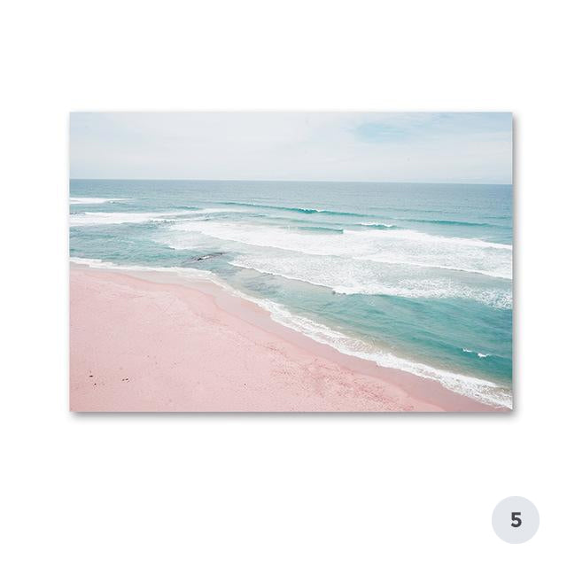 Ocean Landscape Pink Campervan Travel Getaway Canvas Prints | Beach Life Wall Art For Modern Living Room Bedroom Décor