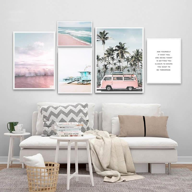 Ocean Landscape Pink Campervan Travel Getaway Canvas Prints | Beach Life Wall Art For Modern Living Room Bedroom Décor