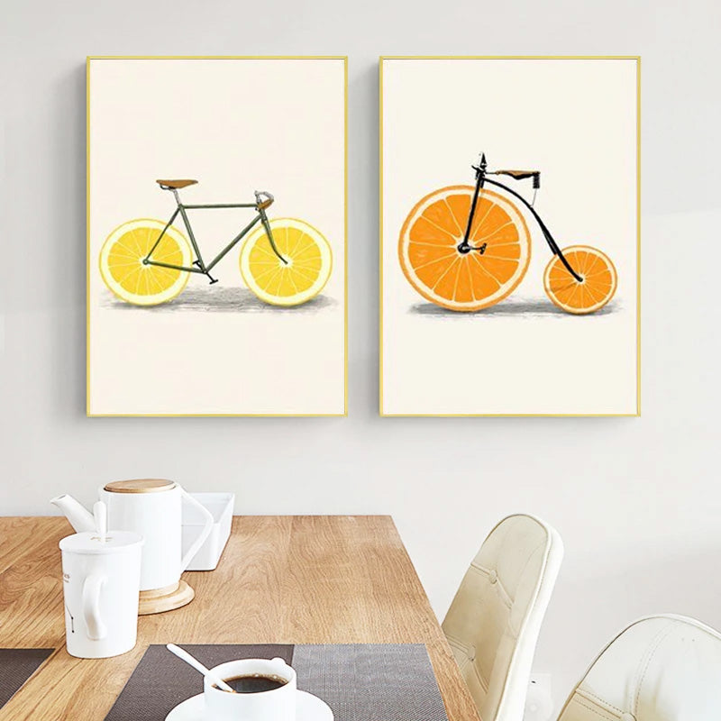 Oranges and Lemons Vintage Colorful Bicycle Canvas Print | Abstract Art For Kitchen Modern Home Décor
