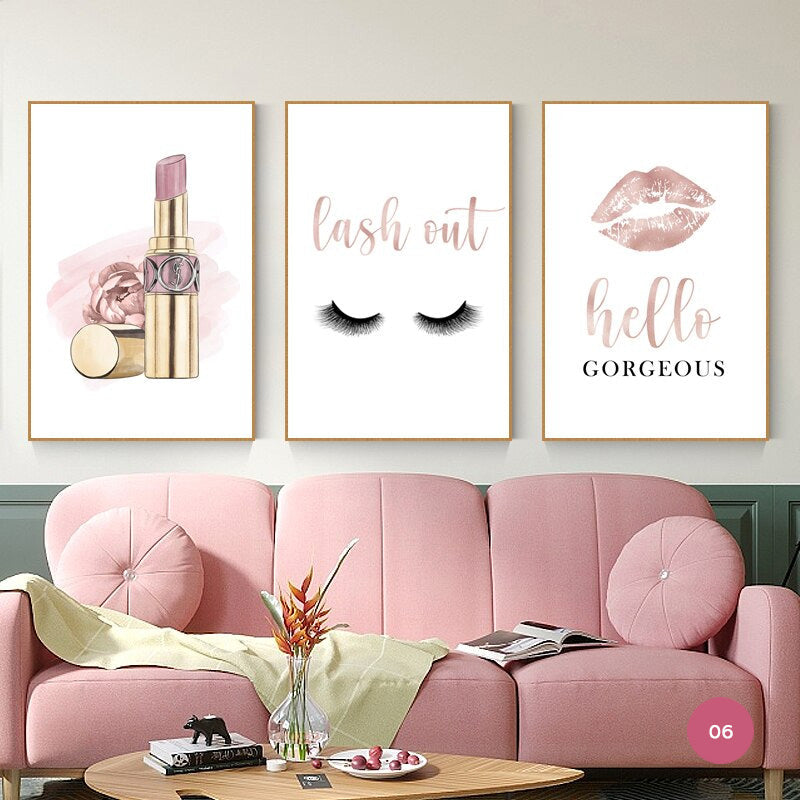 Pink Lipstick Handbag Fashion Canvas Prints | Hello Gorgeous Quote Poster For Girl's Bedroom Living Room Wall Decor