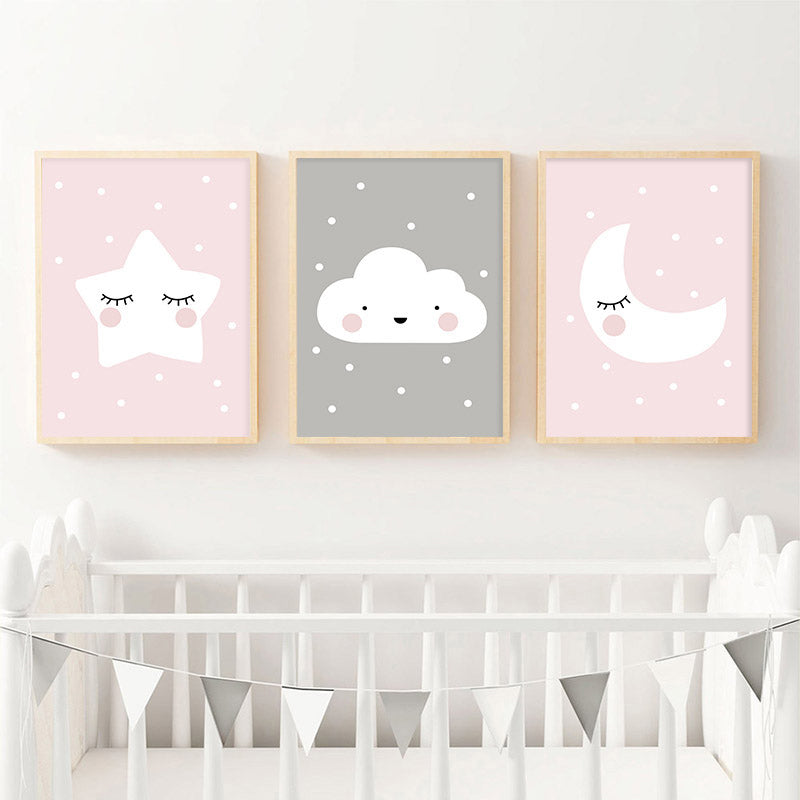 Pink Moon Star Cloud Canvas Prints | Cute Minimalist Posters For Kid's Bedroom Nursery Wall Art Decoration