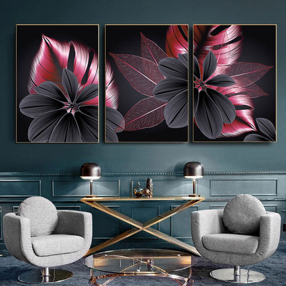 Luxury Pink Black Golden Flower and Leaf Canvas Prints | Modern Abstract Tropical Botanical Upscale Pictures For Living Room Loft Apartment Home Office Décor