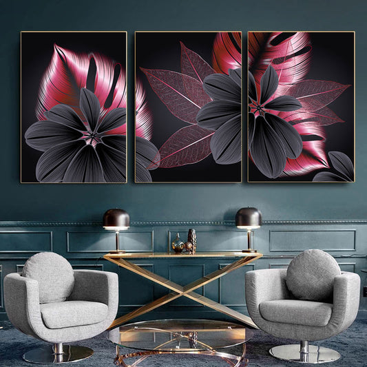 Luxury Pink Black Golden Flower and Leaf Canvas Prints | Modern Abstract Tropical Botanical Upscale Pictures For Living Room Loft Apartment Home Office Décor