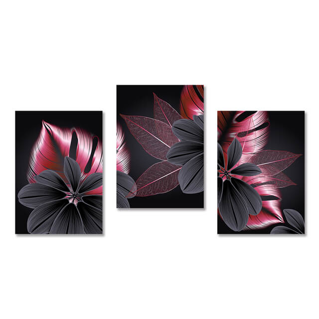 Luxury Pink Black Golden Flower and Leaf Canvas Prints | Modern Abstract Tropical Botanical Upscale Pictures For Living Room Loft Apartment Home Office Décor