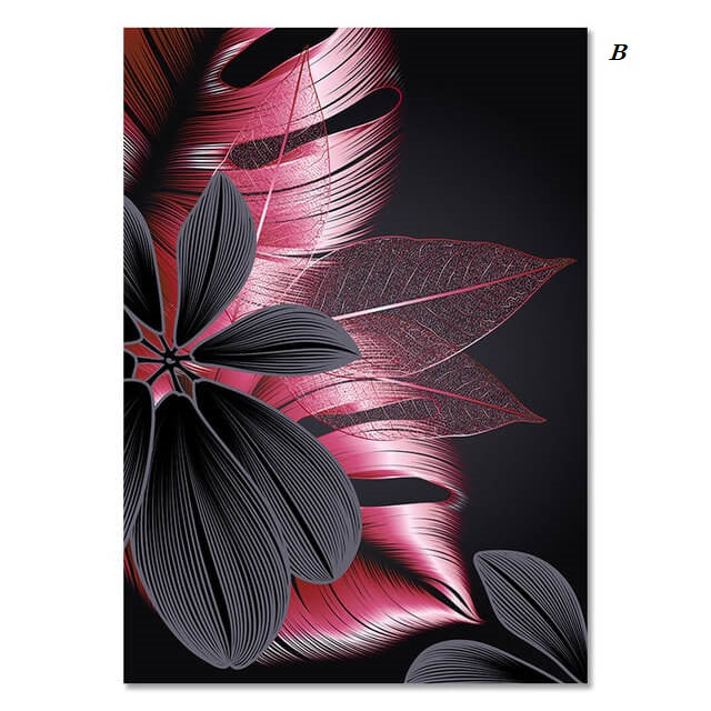 Luxury Pink Black Golden Flower and Leaf Canvas Prints | Modern Abstract Tropical Botanical Upscale Pictures For Living Room Loft Apartment Home Office Décor