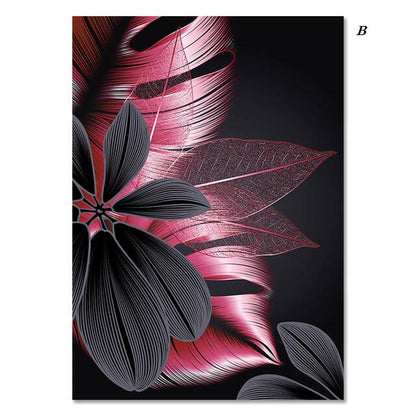 Luxury Pink Black Golden Flower and Leaf Canvas Prints | Modern Abstract Tropical Botanical Upscale Pictures For Living Room Loft Apartment Home Office Décor