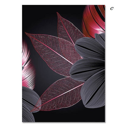 Luxury Pink Black Golden Flower and Leaf Canvas Prints | Modern Abstract Tropical Botanical Upscale Pictures For Living Room Loft Apartment Home Office Décor