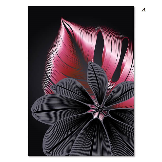 Luxury Pink Black Golden Flower and Leaf Canvas Prints | Modern Abstract Tropical Botanical Upscale Pictures For Living Room Loft Apartment Home Office Décor