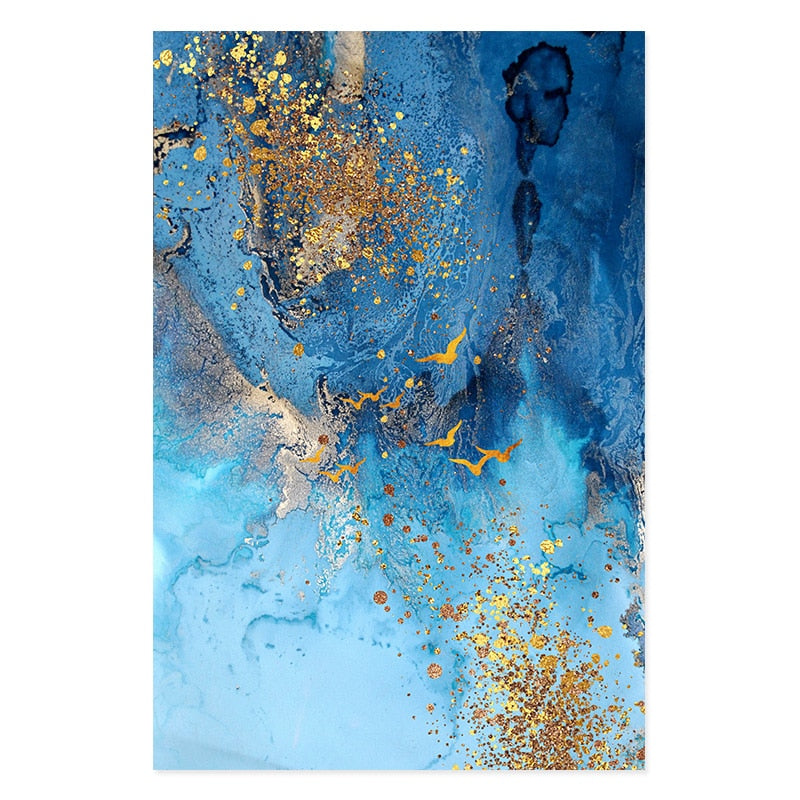 Golden Blue Sea Canvas Print | Modern Abstract Marble Design Wall Art For Office Interior Living Room Luxury Art Decor