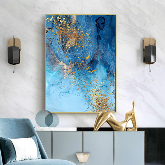 Golden Blue Sea Canvas Print | Modern Abstract Marble Design Large Wall Art For Office Interior Living Room Luxury Art Decor