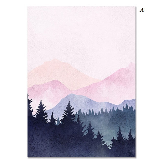 Purple Abstract Framed Wall Art, Nature Mountains Landscape Canvas Picture  Watercolor Scenic Wall Decor 24x36 Rustic Nordic Prints Painting Modern