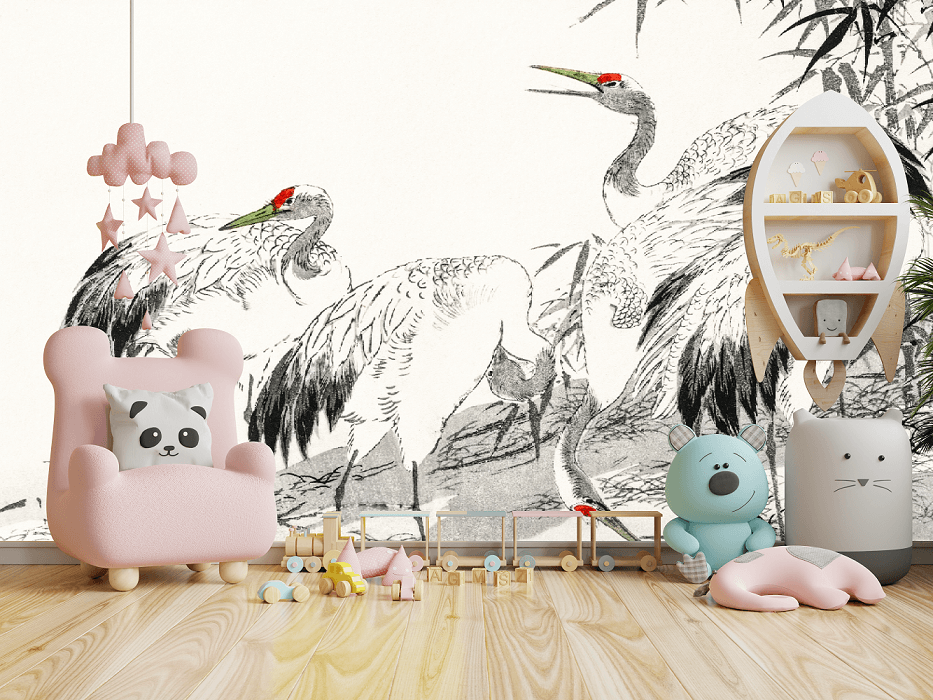 Japanese Crane and Bamboo Mural Wallpaper (SqM)