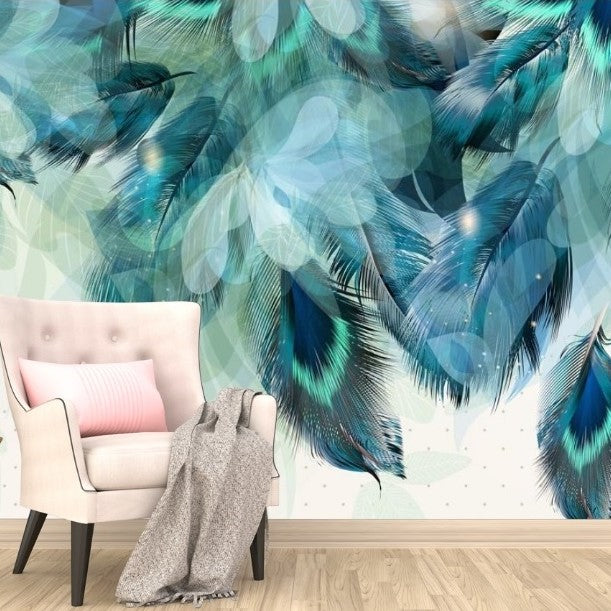 Peacock Azure Feathers Mural Wallpaper (SqM)