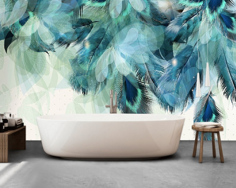 Peacock Azure Feathers Mural Wallpaper (SqM)