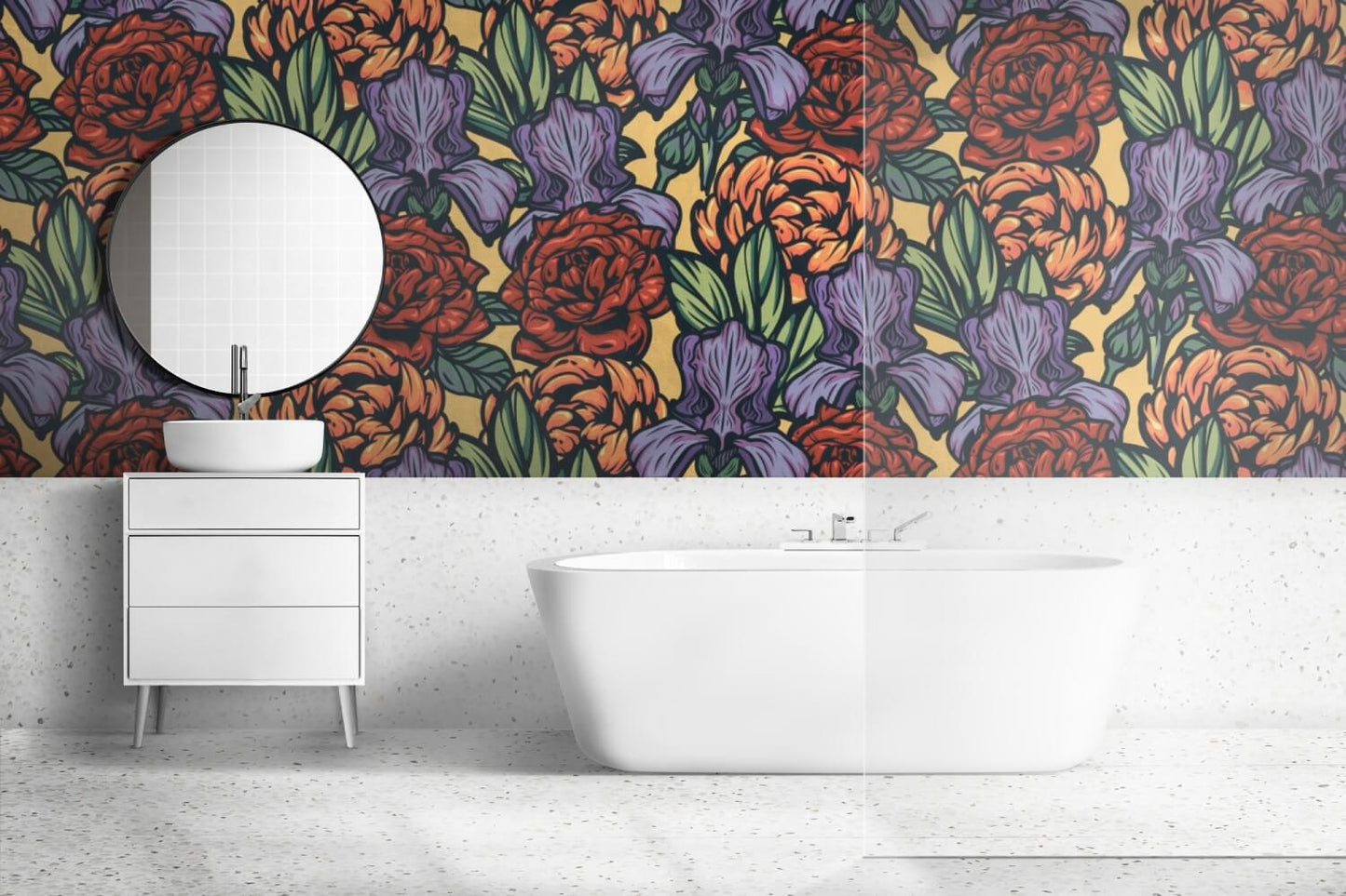 Retro Roses and Irises Floral Mural Wallpaper (SqM)