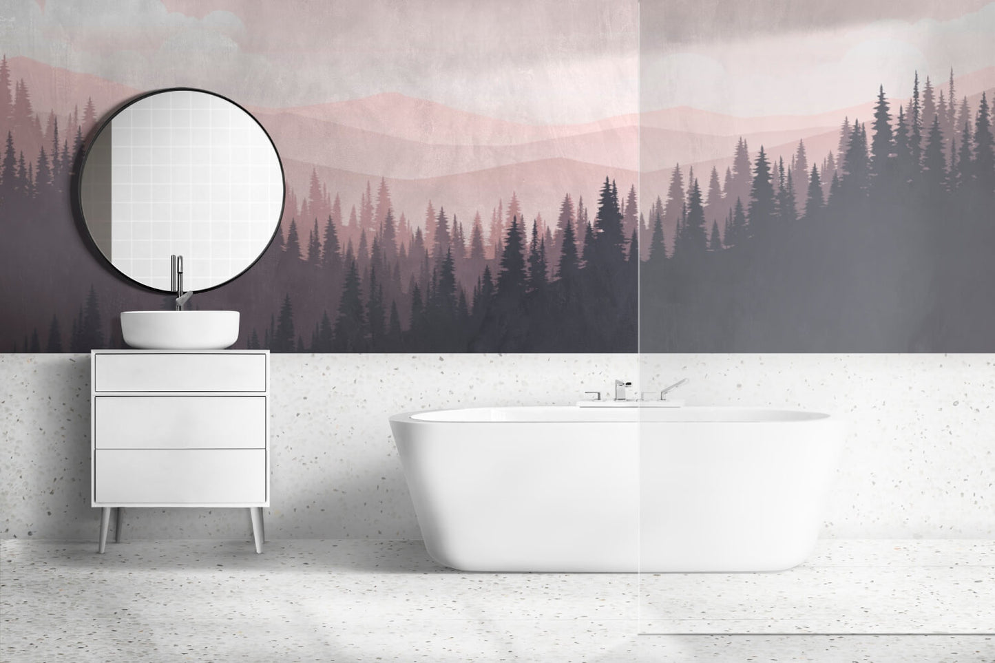 Morning Mountains Landscape And Pine Forest Ombre Mural Wallpaper (SqM)