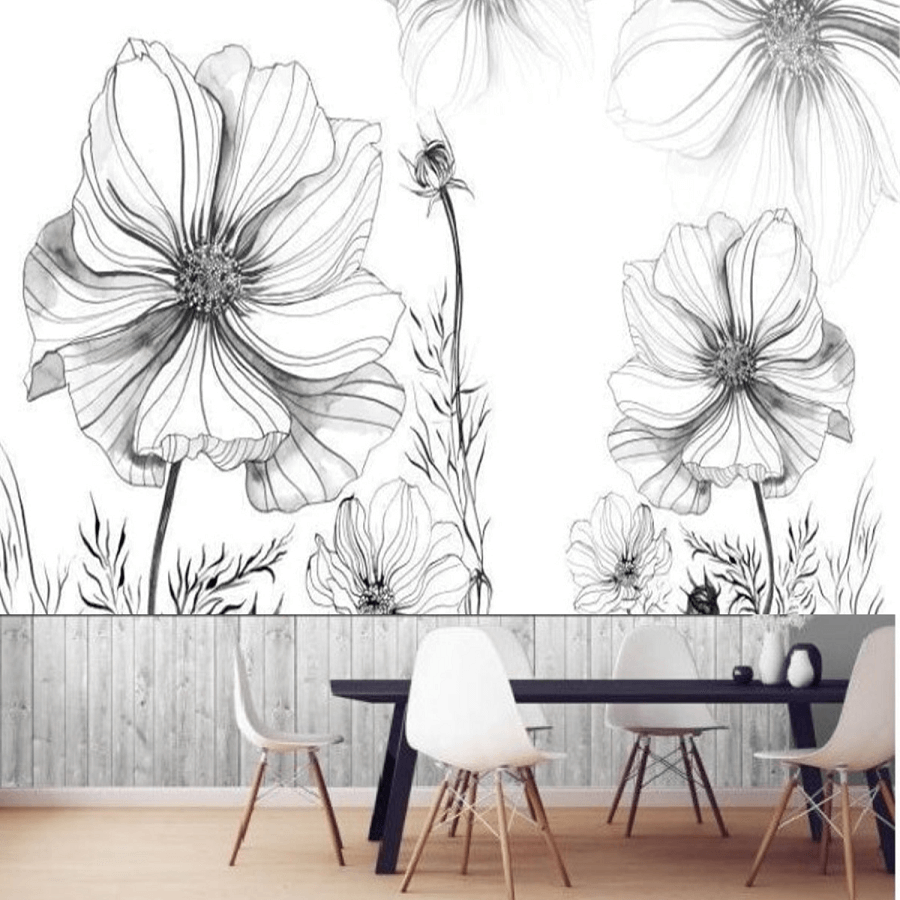 Nordic Black and White Flowers Mural Wallpaper (SqM)