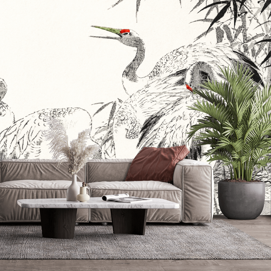 Japanese Crane and Bamboo Mural Wallpaper (SqM)