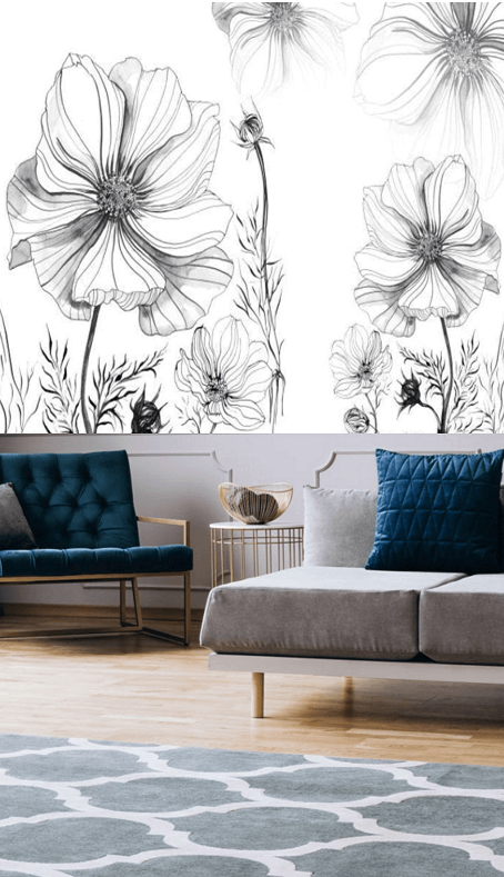 Nordic Black and White Flowers Mural Wallpaper (SqM)