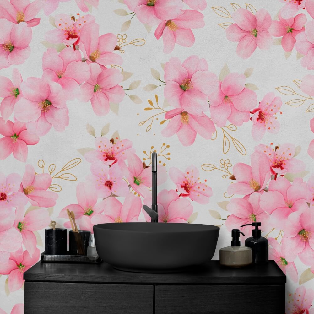Watercolor Pink Cherry Blossoms Mural Wallpaper (SqM)