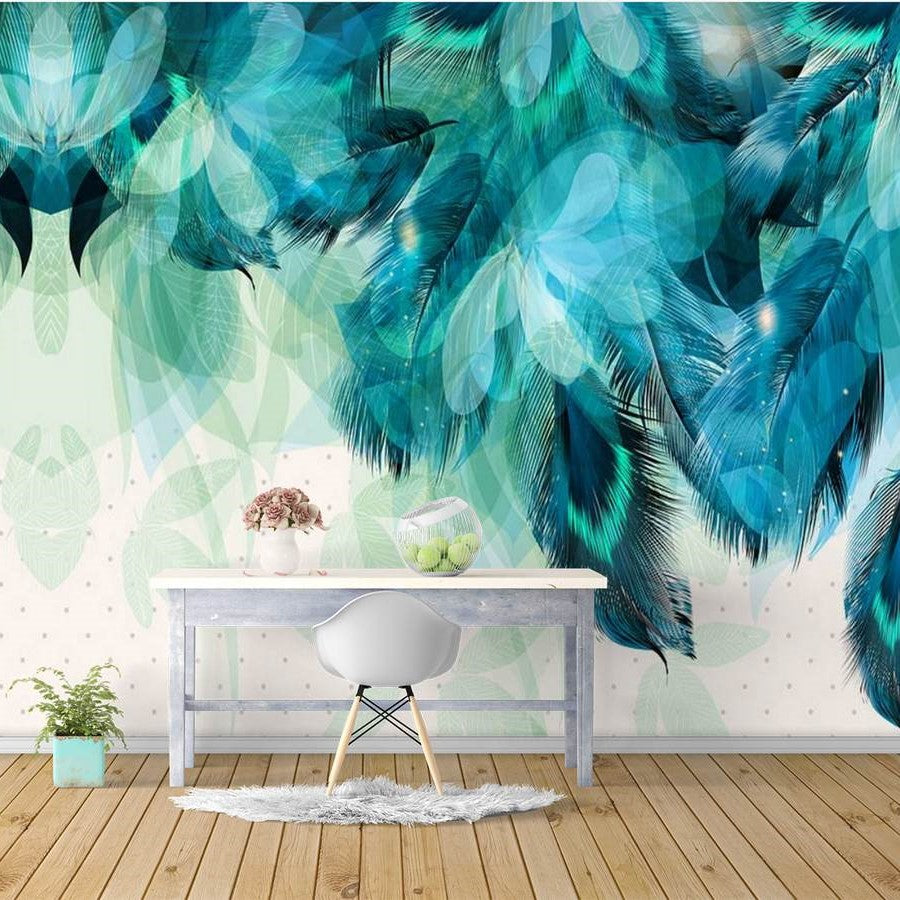 Peacock Azure Feathers Mural Wallpaper (SqM)