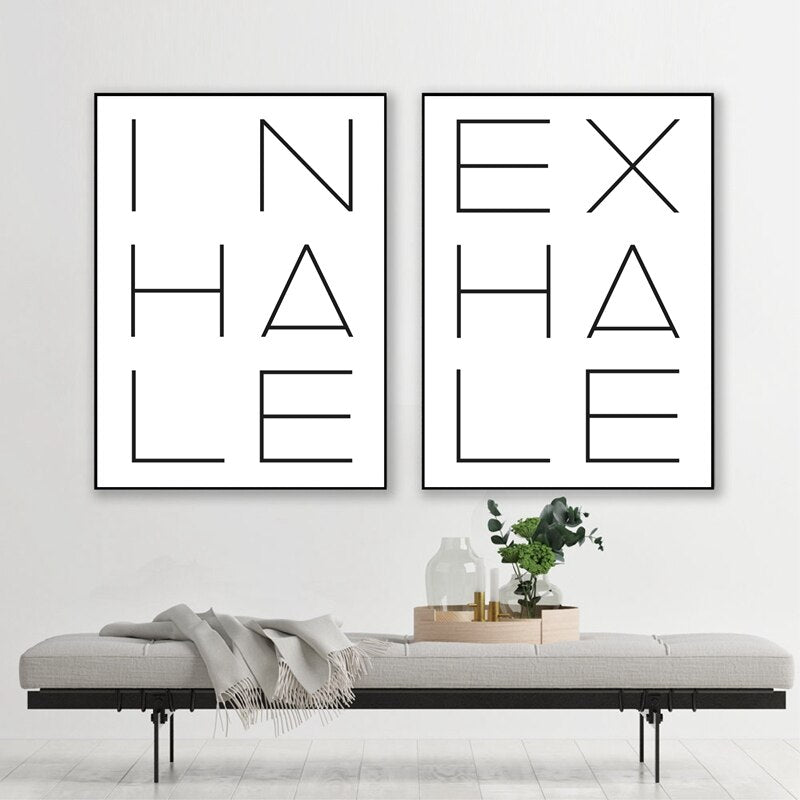 Inhale Exhale Black & White Minimalist Canvas Prints | Meditation Modern Typographic Wall Art For Bedroom Yoga Studio Décor