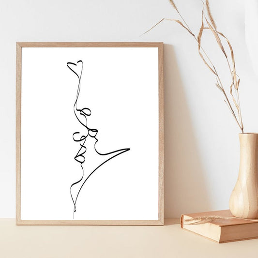 The Kiss Abstract Line Art Canvas Print Black White Minimalist Love Poster For Living Room Bedroom Home Decor