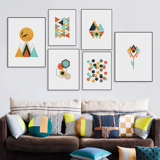 Minimalist Colorful Scandinavian Abstract Canvas Prints Mountains Sunrise Geometric Shapes Modern Wall Art For Modern Home Decor