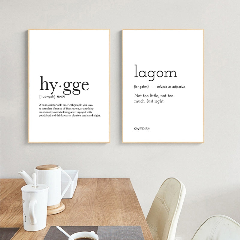 Hygge Lagom Definition Minimalist Nordic Canvas Print | Black White Scandinavian Lifestyle Quotes Posters For Modern Home Office