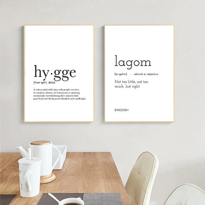 Hygge Lagom Definition Minimalist Nordic Canvas Print | Black White Scandinavian Lifestyle Quotes Posters For Modern Home Office