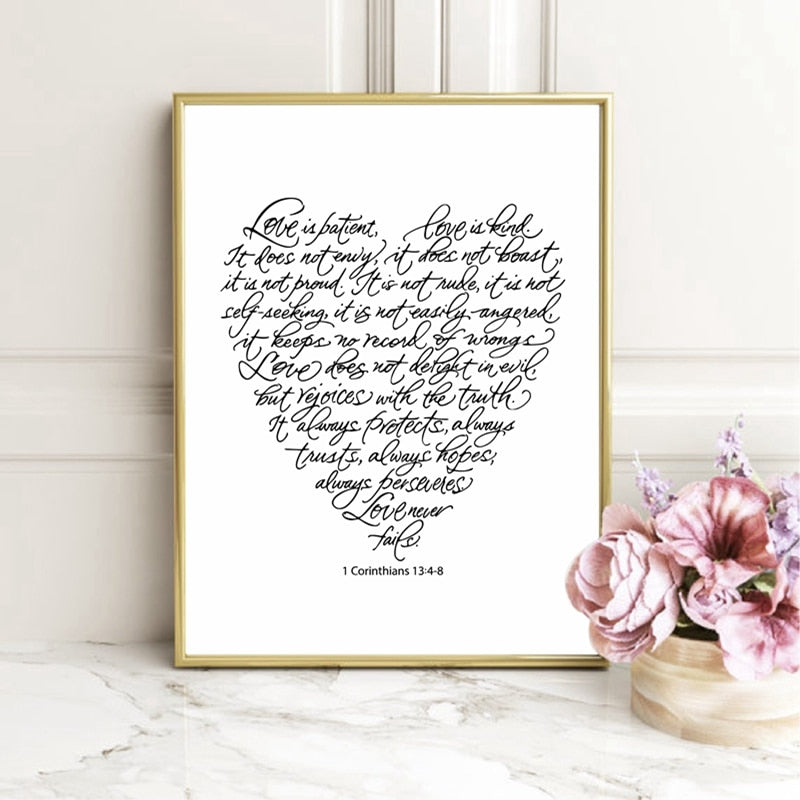 Love Is Patient Love Is Kind Quote Wall Art | Black & White Heart Shaped Handwritten Poster Print