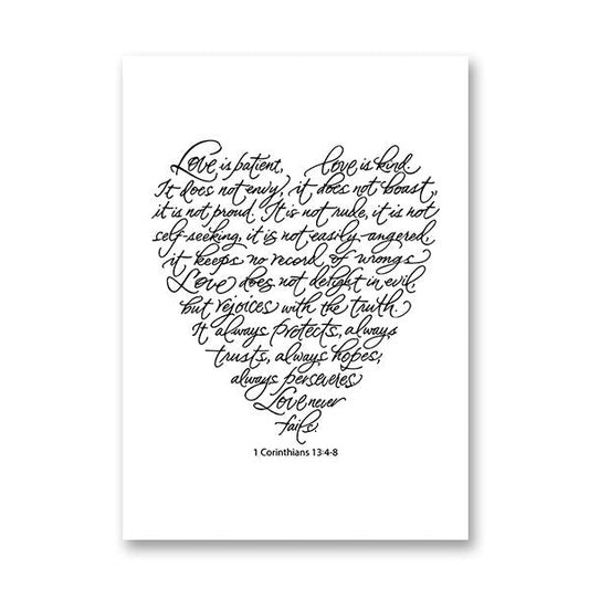 Love Is Patient Love Is Kind Quote Wall Art | Black & White Heart Shaped Handwritten Poster Print